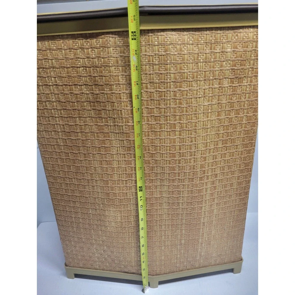 Vintage Mid Century Woven Wicker Style Laundry Hamper Harvest Gold Vinyl Lid